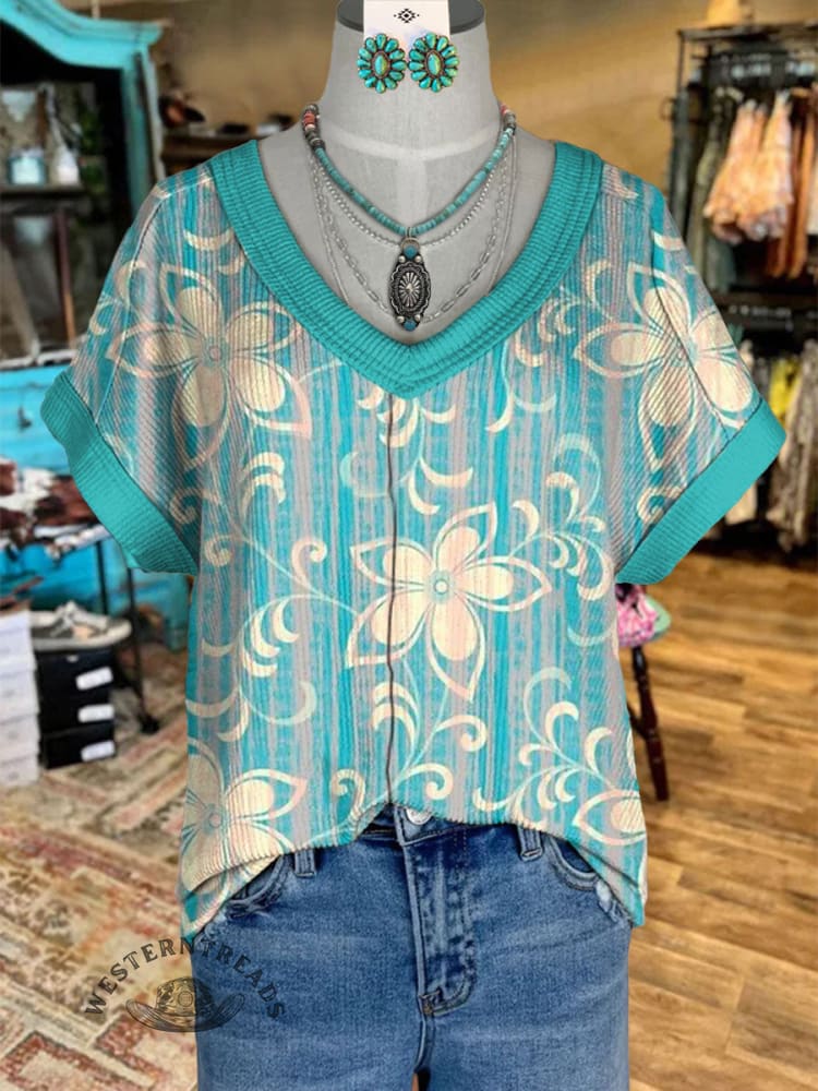 Women's V-neck Vintage Floral Patchwork Print Casual T-Shirt