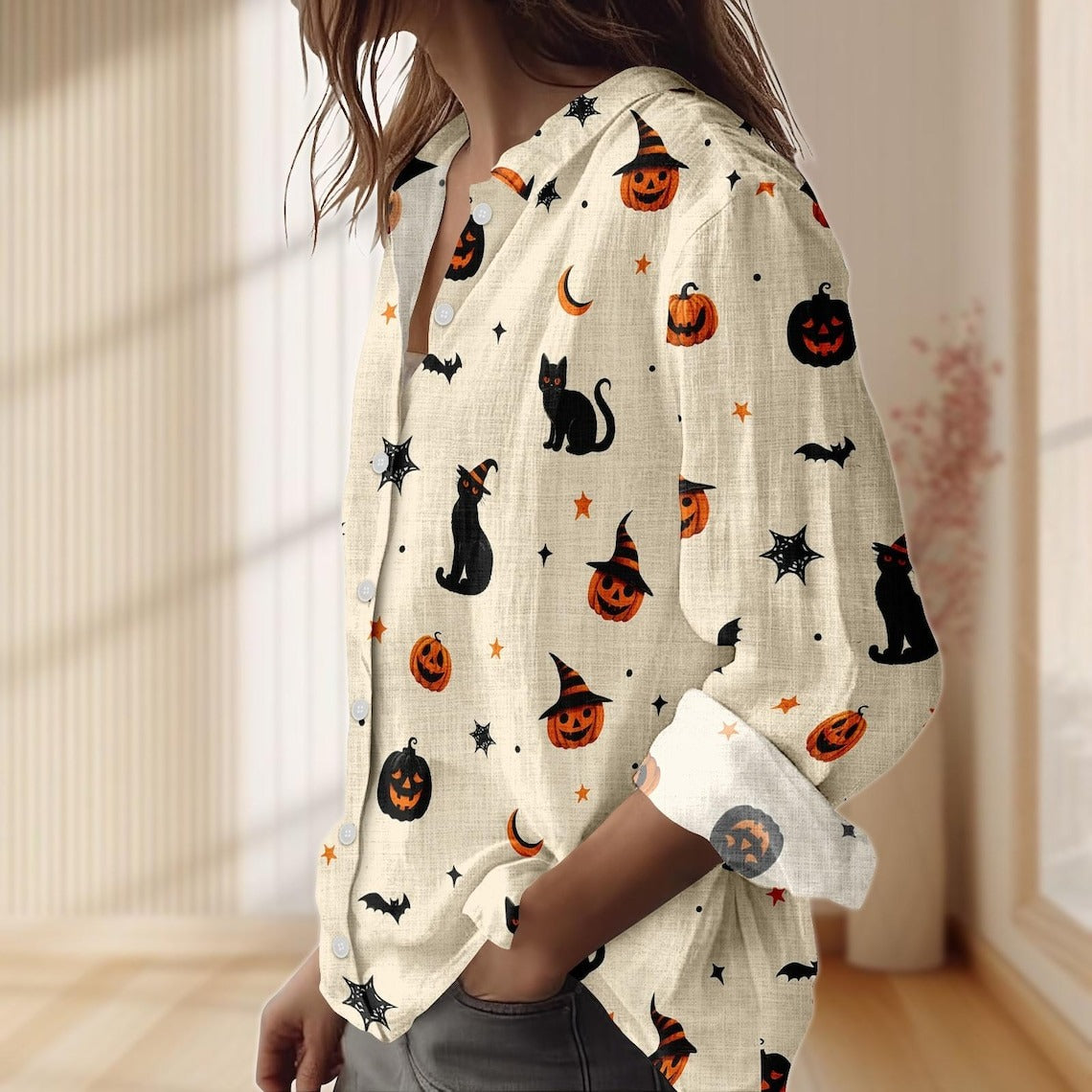 Women's Halloween Black Cat Pumpkin Print Casual Shirt