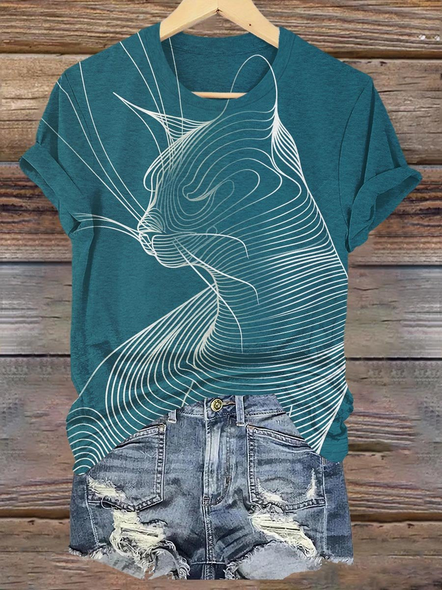Abstract Geometric Cat Art Print T-shirt
