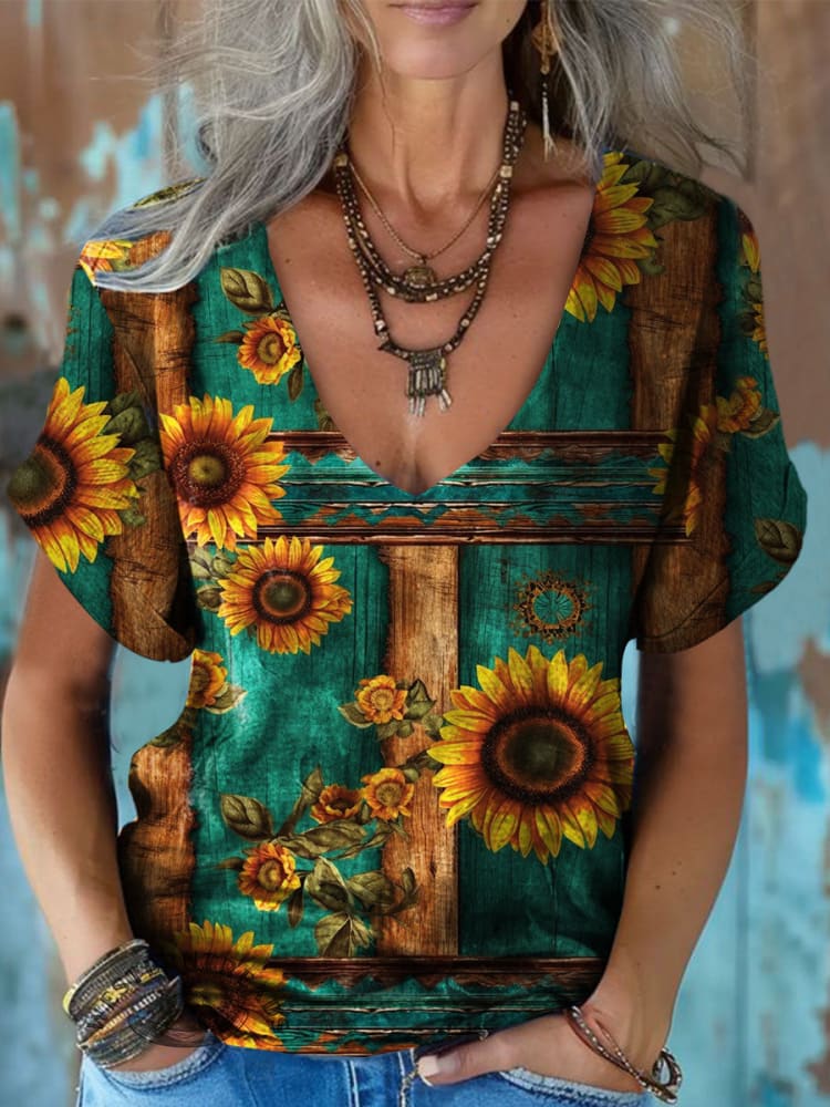 Women's Sunflower Print Casual V-Neck Top