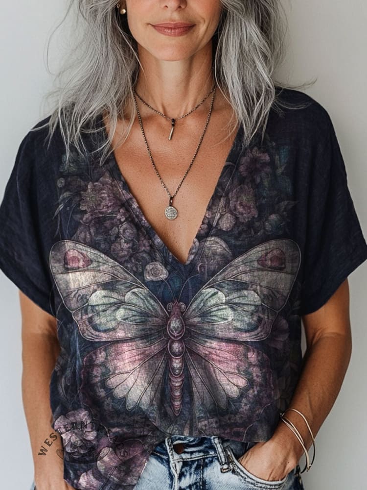 Women's Floral Butterfly V-neck Casual T-Shirt