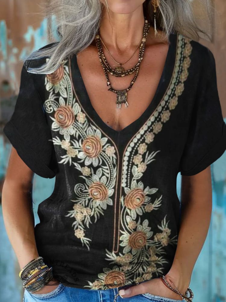 Women's Vintage Flowers Print Casual Top