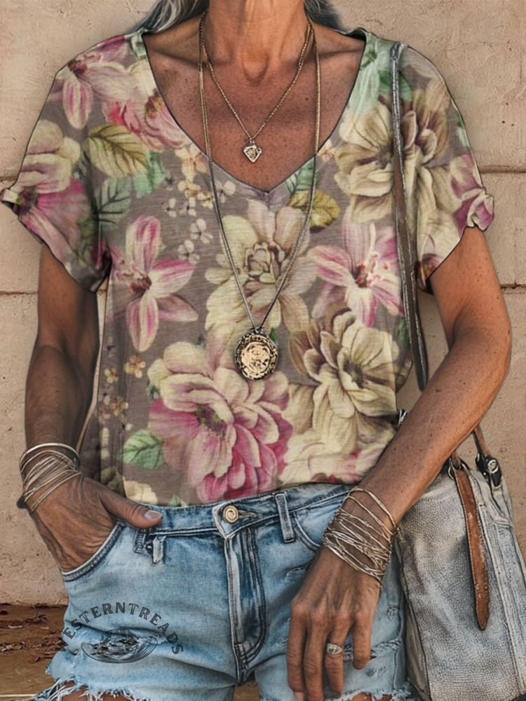 Retro Floral Print Casual V-neck Top