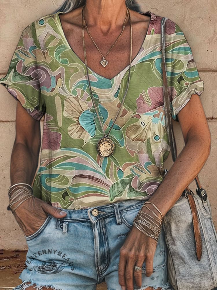 Retro Floral Print Casual V-neck Top