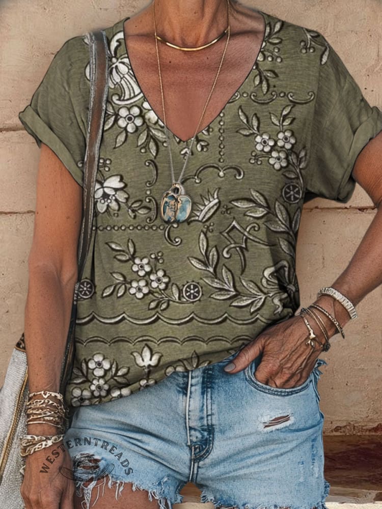 Retro Floral Print Casual V-neck Top