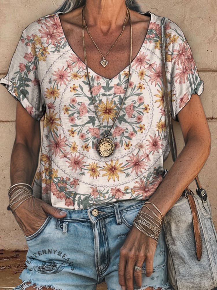 Retro Floral Print Casual V-neck Top
