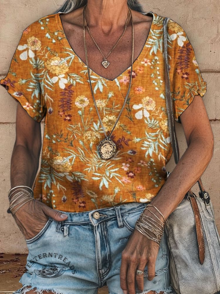 Vintage Floral Printed Casual Top