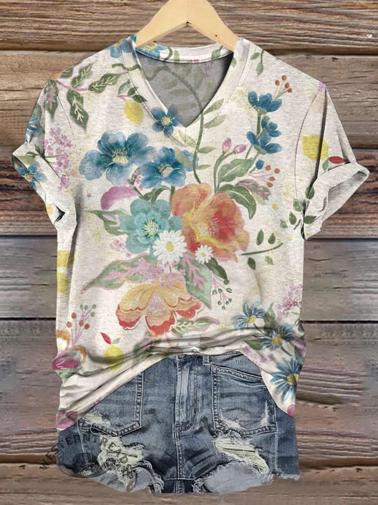 Vintage Floral Print Casual T-Shirt
