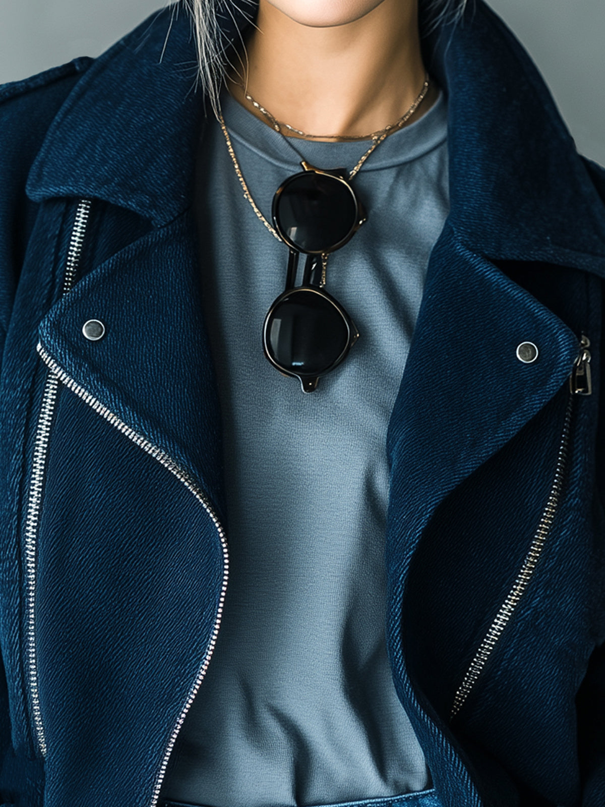 Taidalw Casual Cool Navy Blue Washed Twill Cotton Blend Lapel Zip-Front Cropped Biker Jacket