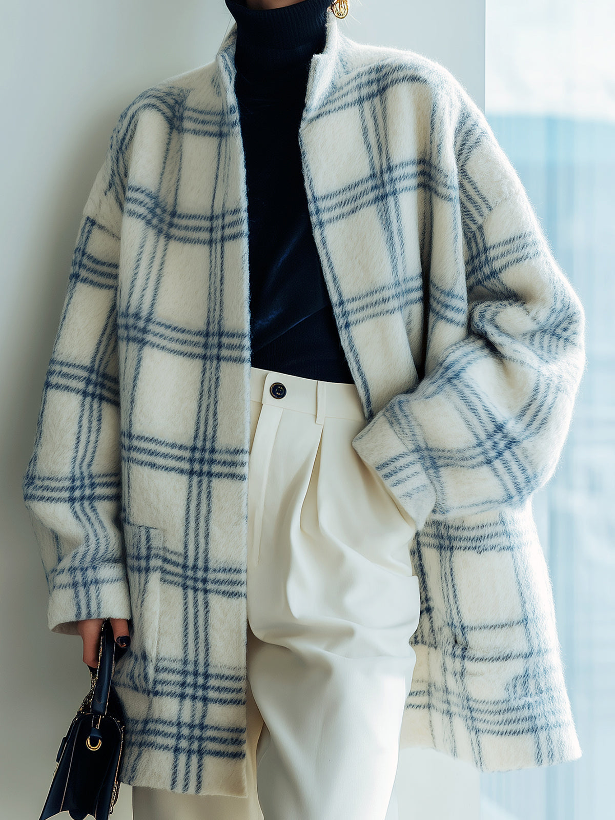 Taidalw Chic Vintage Navy Plaid Wool Blend Stand Collar Slouchy Mid-Length Fuzzy Jacket