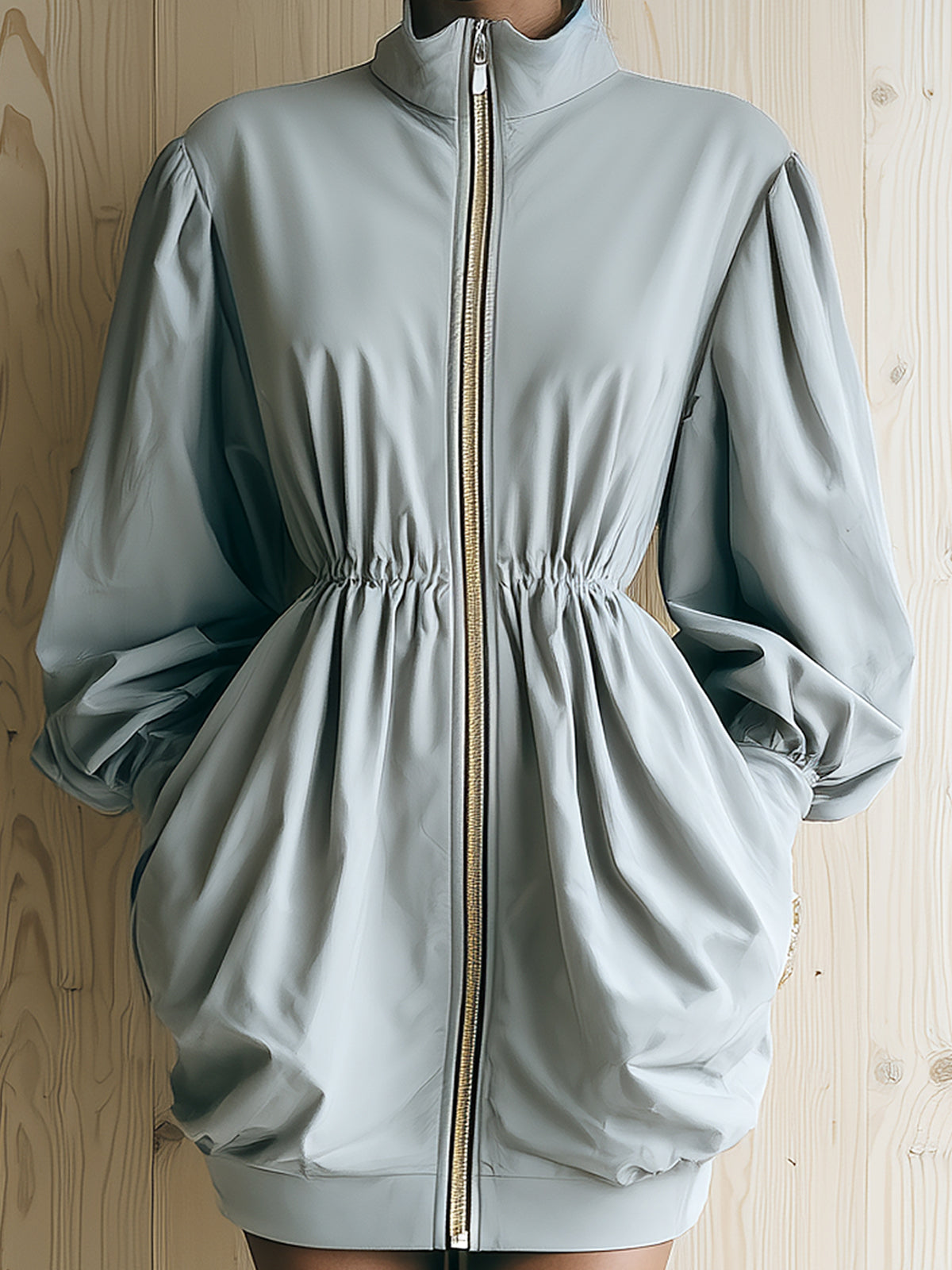 Taidalw Chic Vintage Light Gray Cotton Blend Stand Collar Zipper-Front Drawstring Waist Puff Sleeve Short Jacket