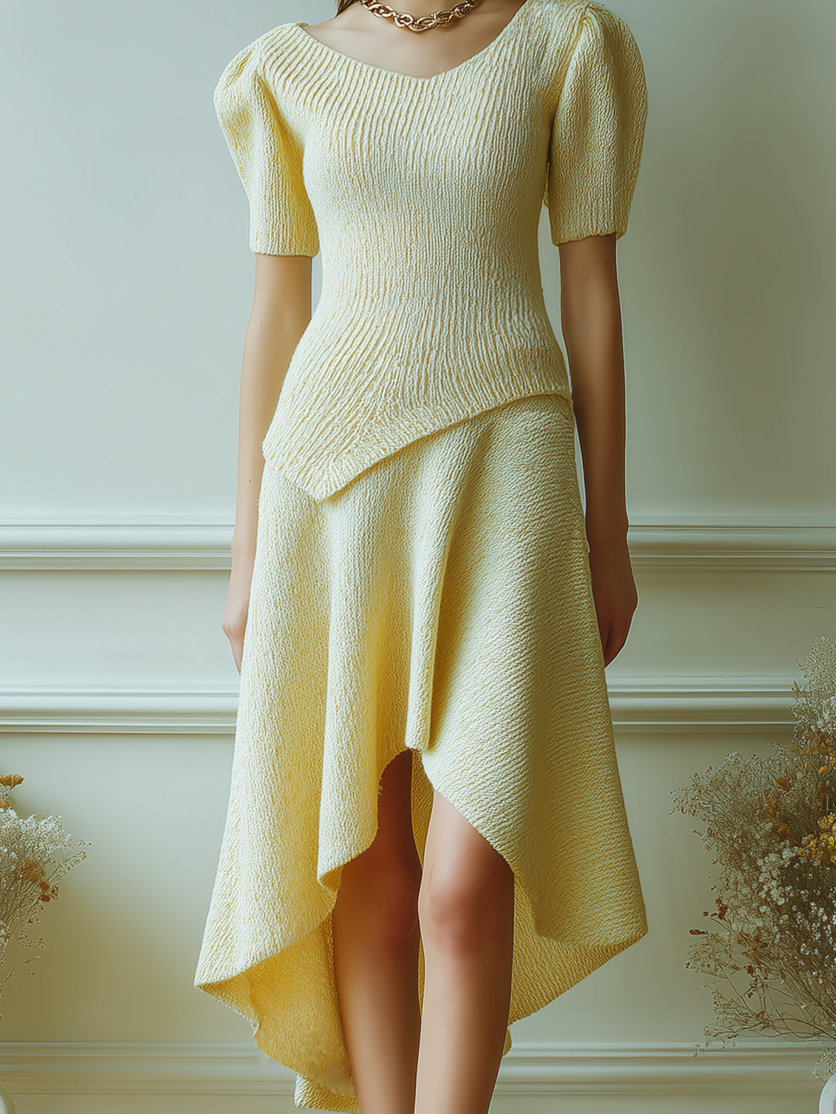 Taidalw Chic Vintage Light Yellow Crew-Neck Short Puff Sleeve Top Irregular A-line Maxi Skirt Knit Two-Piece Set