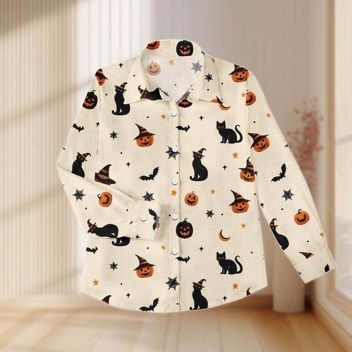 Women's Halloween Black Cat Pumpkin Print Casual Shirt