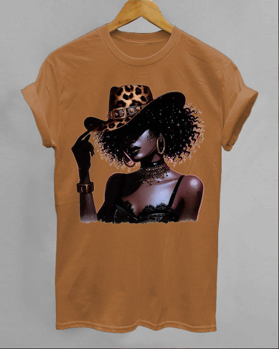 Cool Black CowGirl Crew Neck Short Sleeve Cotton T-shirt