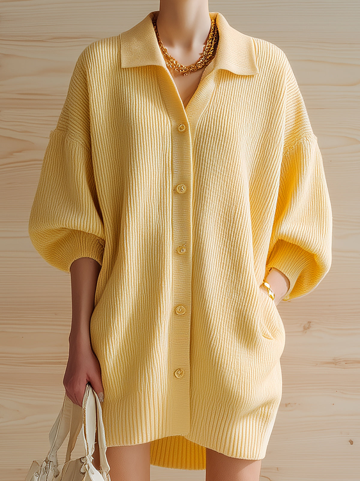 Taidalw Chic Vintage Yellow Lapel Single-Breasted Half-Sleeve Oversized Ribbed Knit Cardigan Dress