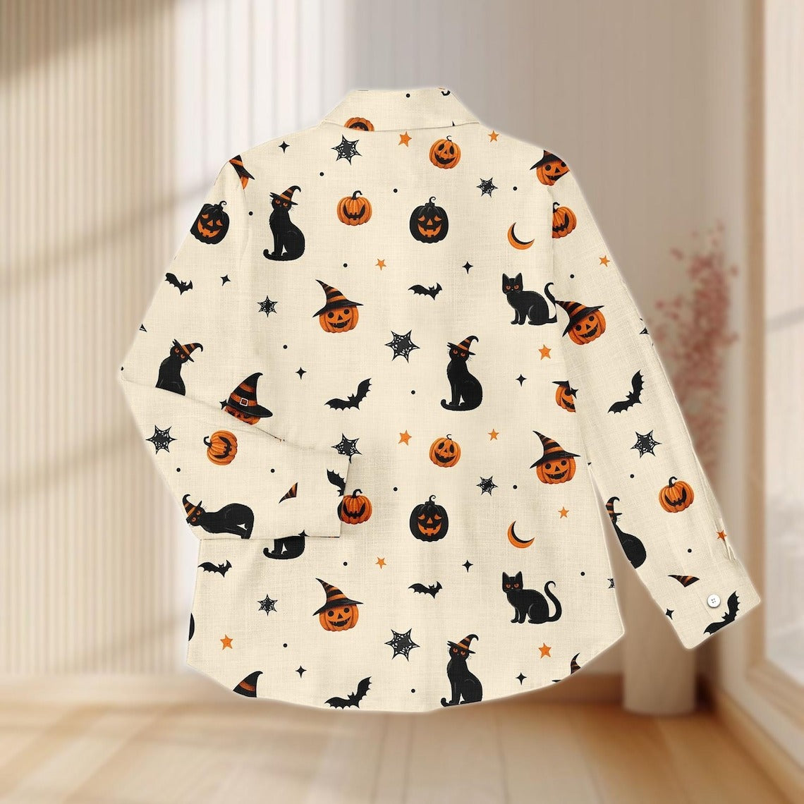 Women's Halloween Black Cat Pumpkin Print Casual Shirt