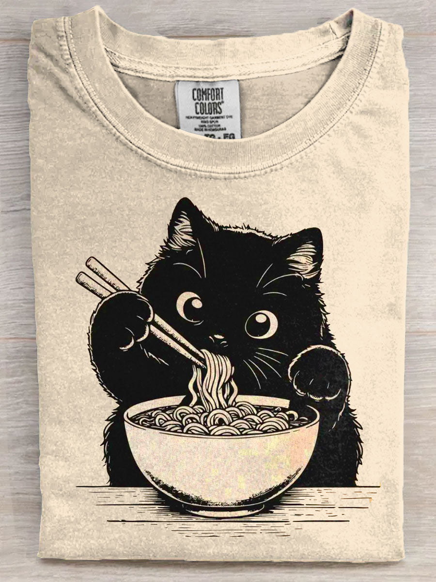 Noodle Cat Ramen Cat Art Print Casaul Short Sleeve T-shirt