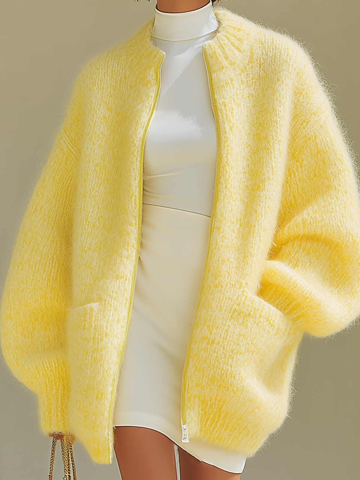 Taidalw Chic Vintage Yellow Round Collar Long Sleeve Zipper Patch Pocket Oversized Cardigan