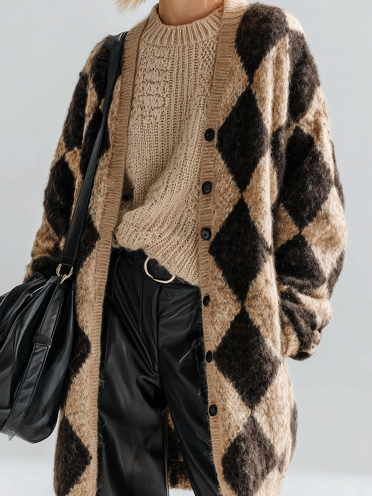 Taidalw Chic Vintage Contrast Argyle Oversized Long Sleeve Mid-Length Fuzzy Knit Cardigan