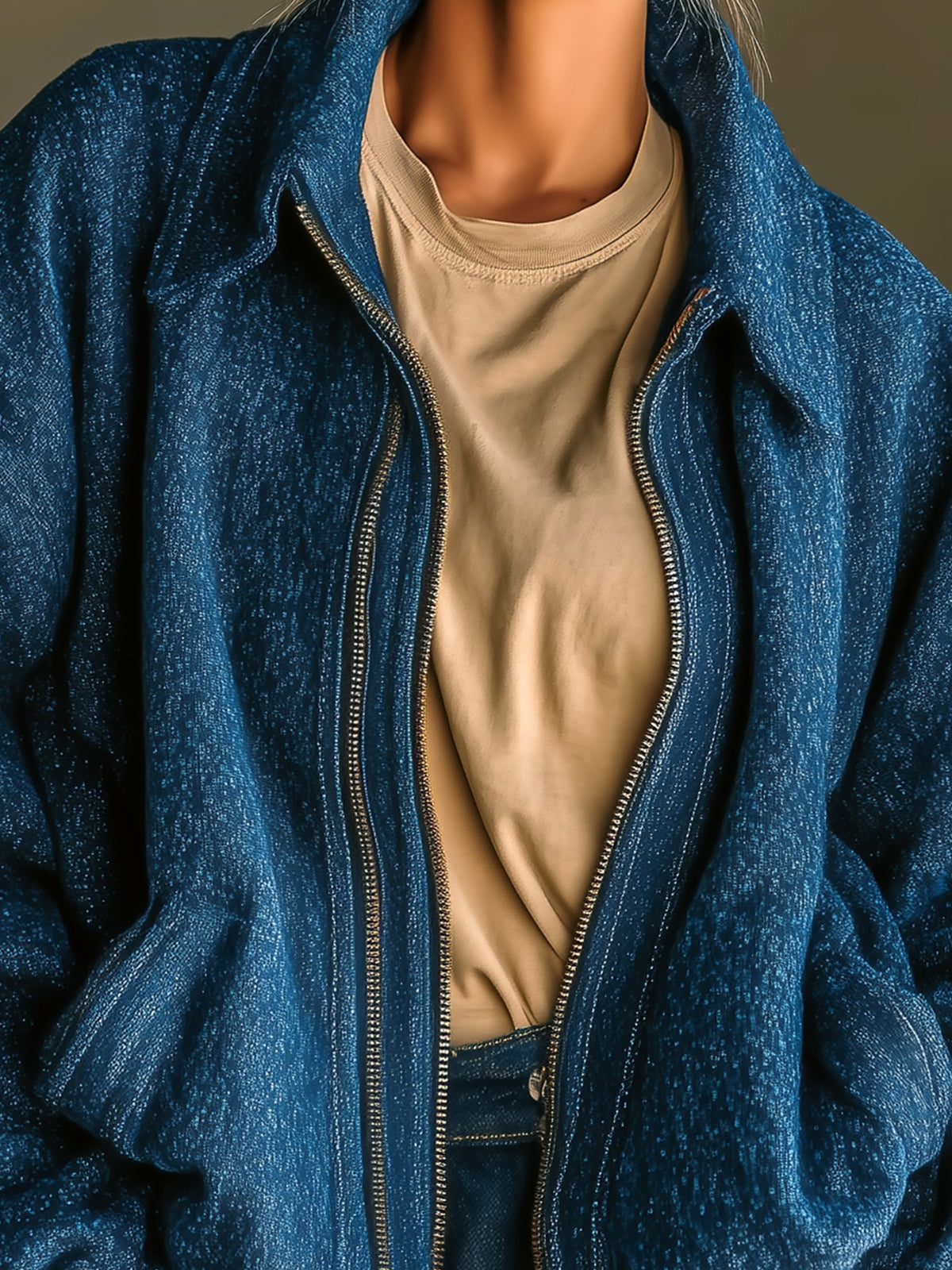 Taidalw Casual Chic Dark Blue Wool Blend Lapel Zip-Front Oversized Bomber Jacket