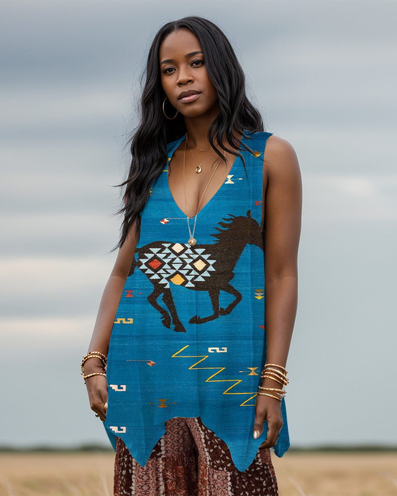 Ethnic Horse Print V-neck Irregular Long Vest