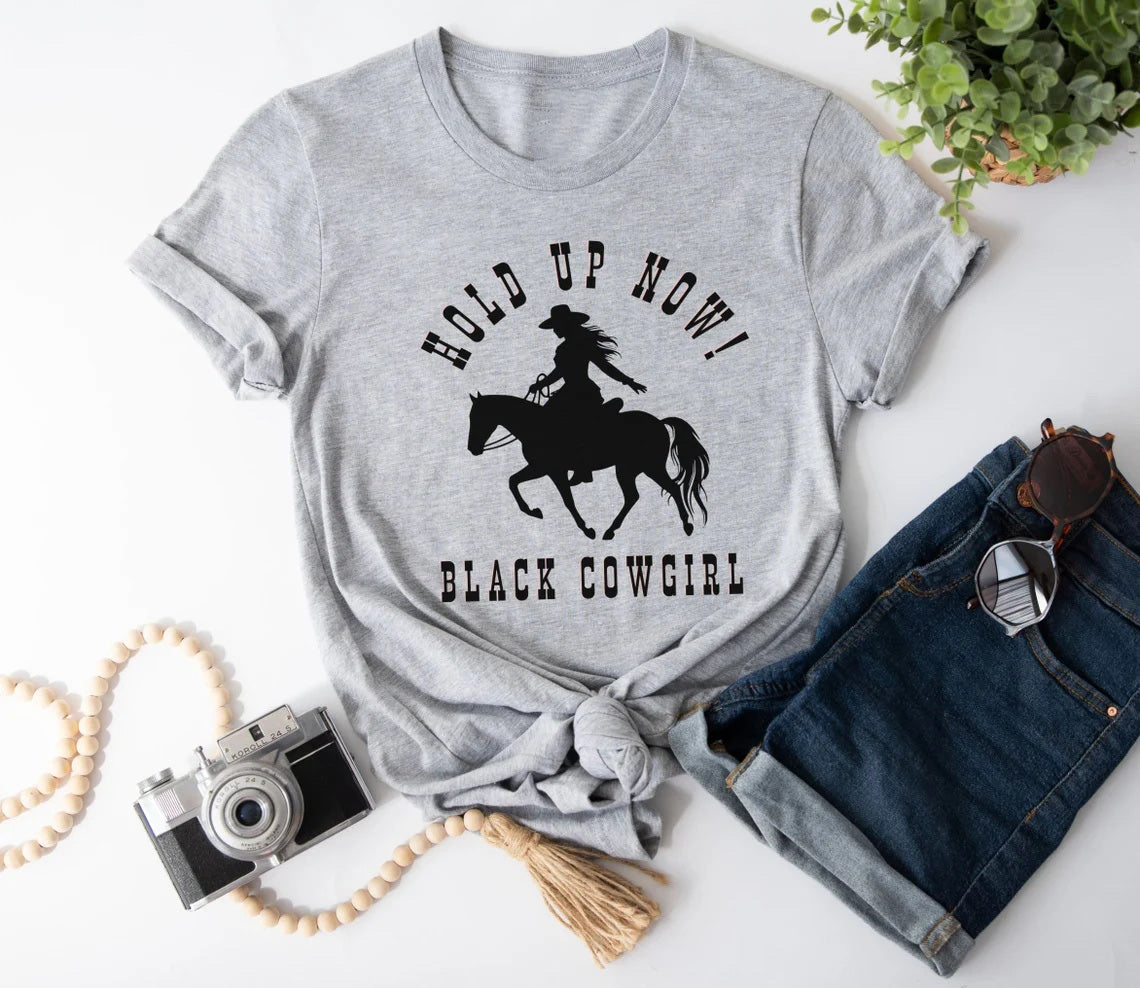 Hold Up Now Black Cowgirl Crew Neck Short Sleeve Cotton T-shirt