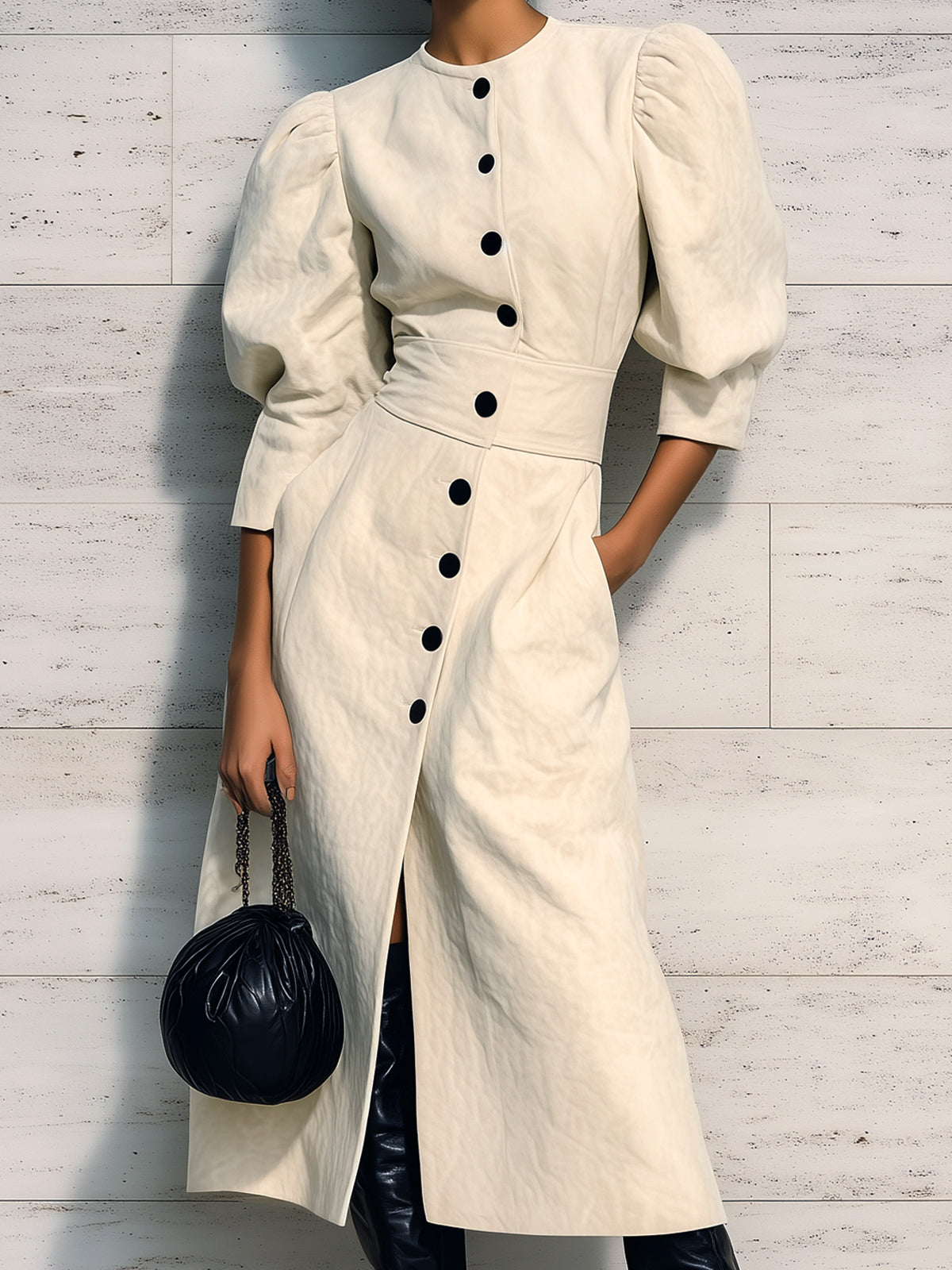 Taidalw Chic Elegant Cream White Faux Suede Round Neck Single-Breasted Puff Sleeve Tailored Waist Slim-Fit Midi Dress