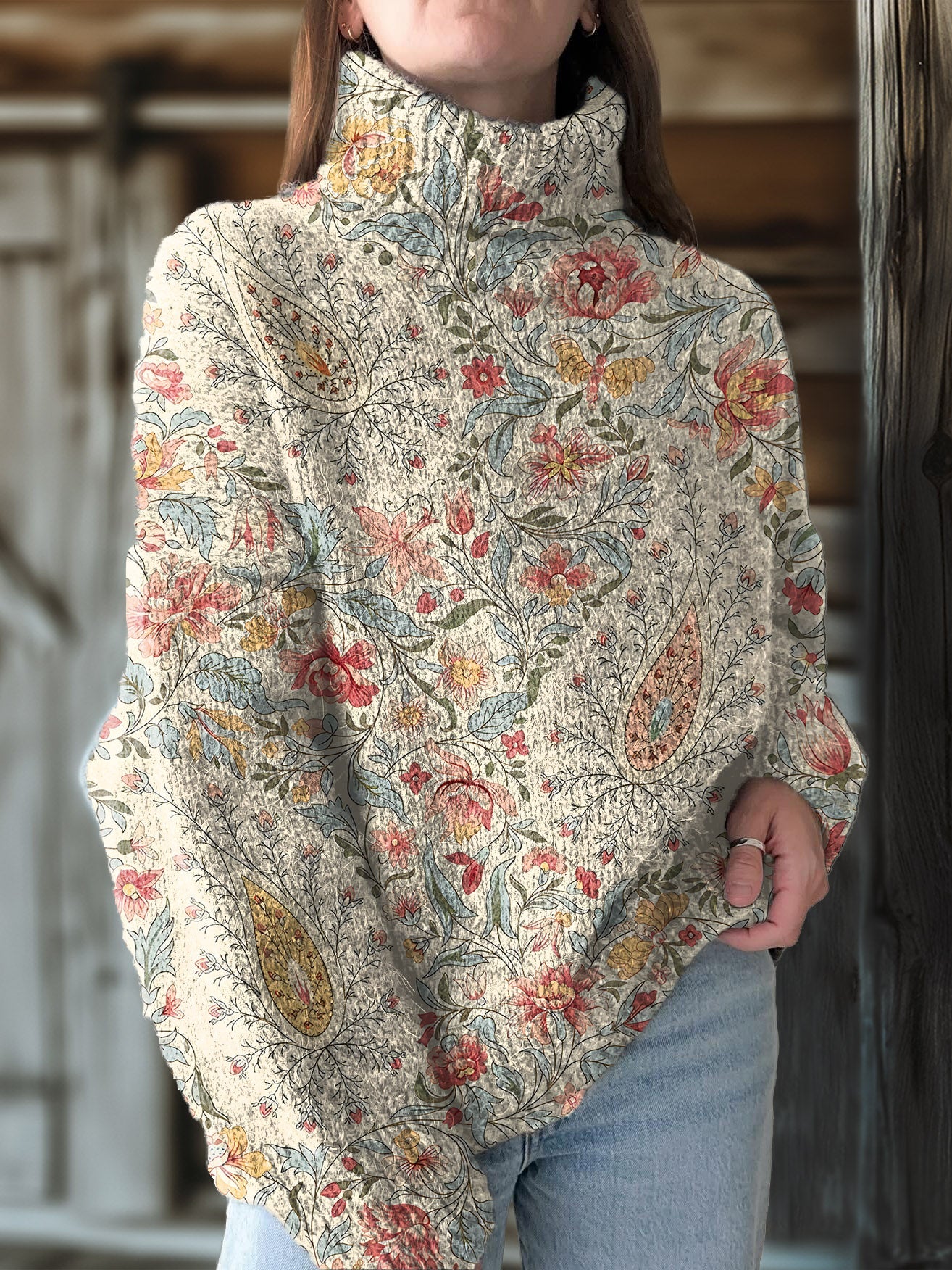Retro Paisley Floral Print Knit Turtleneck Pullover Sweater