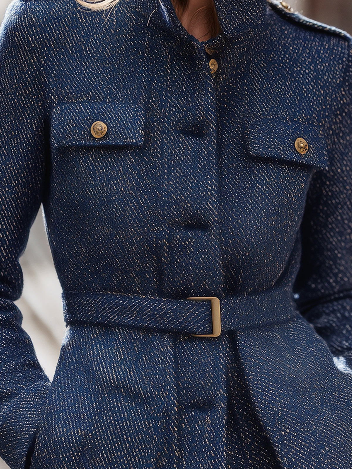 Taidalw Chic Vintage Twill Wool Blend Stand Collar Single-Breasted Multi-Pocket Belted Safari Jacket