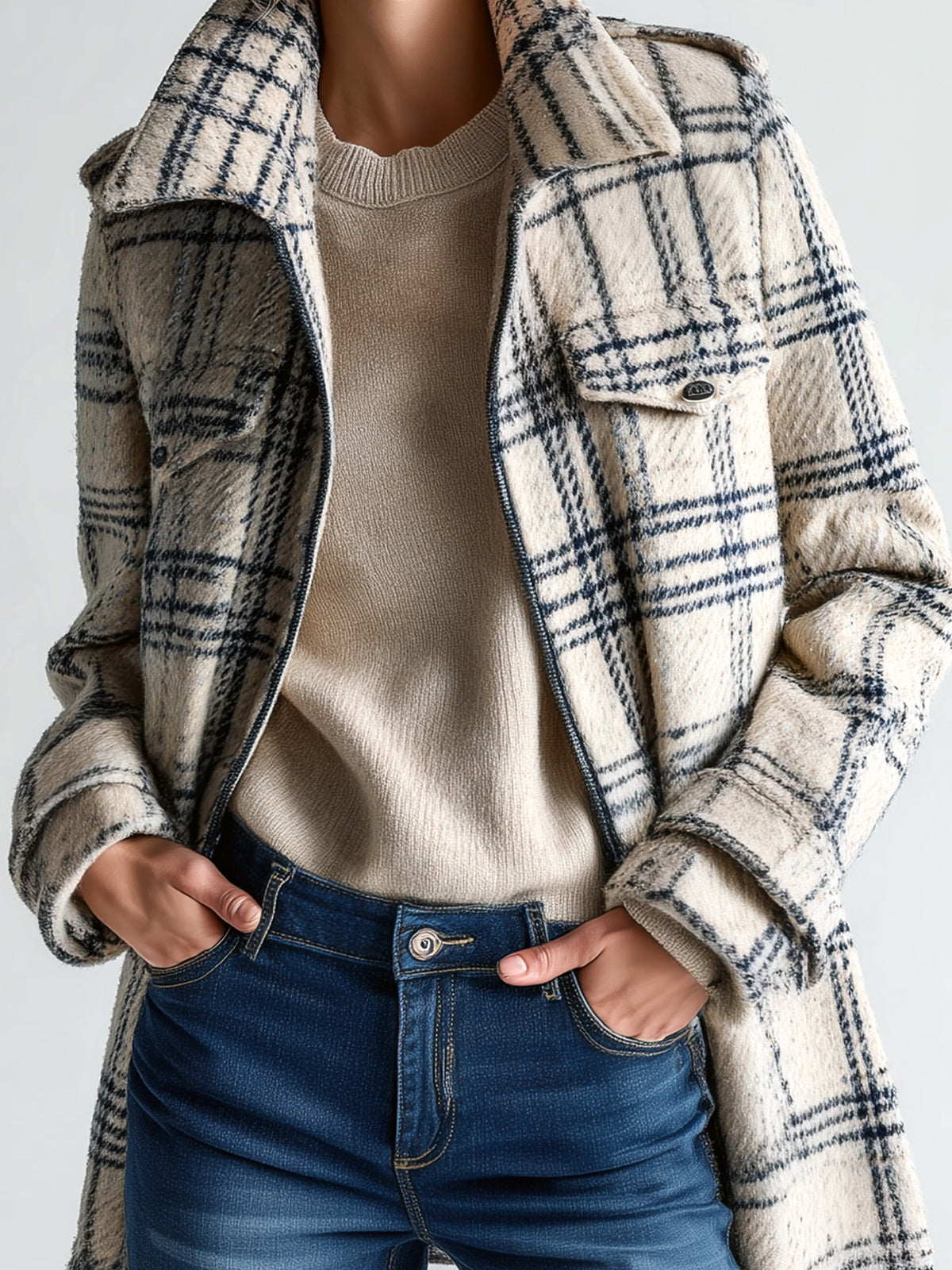 Taidalw Vintage Casual Plaid Wool Blend Lapel Flap Pocket Zipper-Front Mid-Length Coat