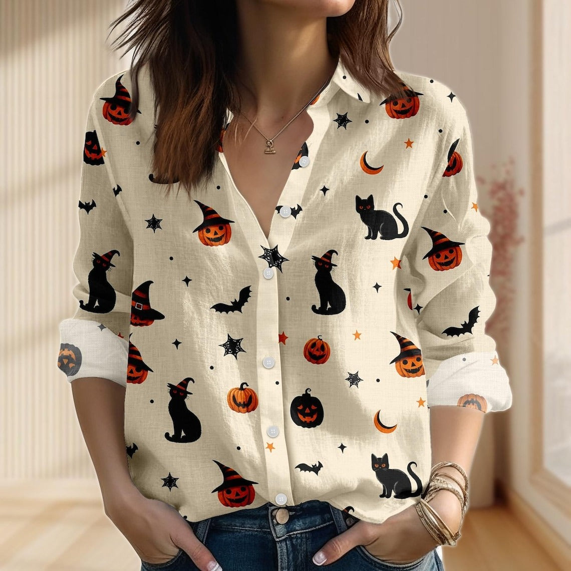 Women's Halloween Black Cat Pumpkin Print Casual Shirt