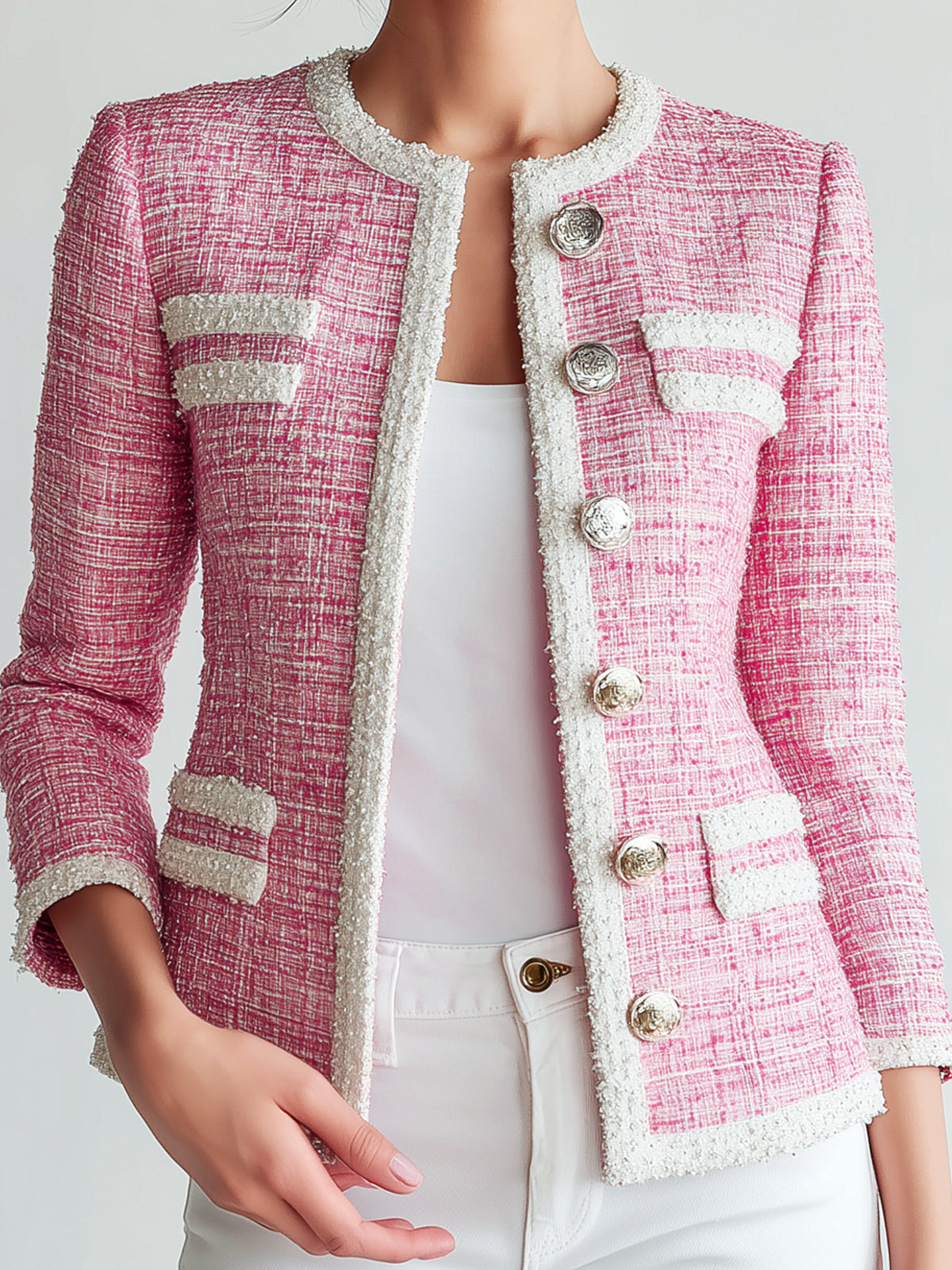 Taidalw Chic Vintage Pink Tweed Round Neck Single-Breasted Contrast Trim Details Fitted Jacket