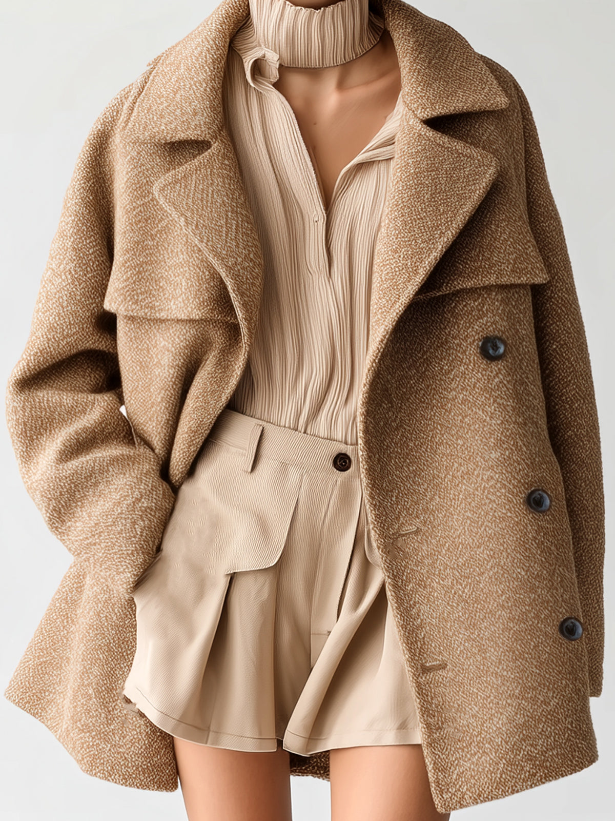 Taidalw Chic Vintage Camel Textured Wool Blend Lapel Double-Breasted Oversized Warm Coat