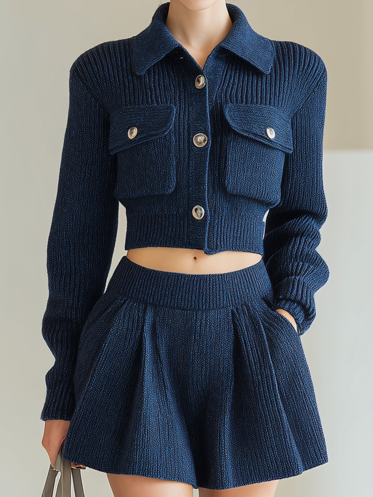 Taidalw Chic Vintage Navy Blue Polo Collar Pocket Long Sleeve Cropped Sweater Elastic Waist Knit Skirt Two-Piece Set