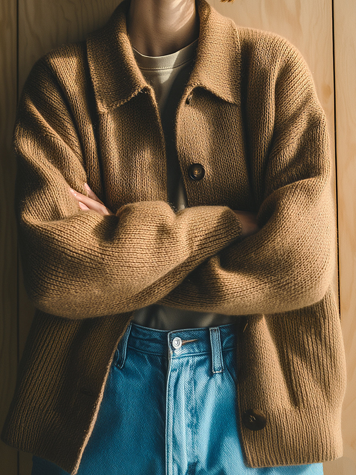 Taidalw Chic Vintage Camel Lapel Single-Breasted Long Sleeve Oversized Knit Cardigan