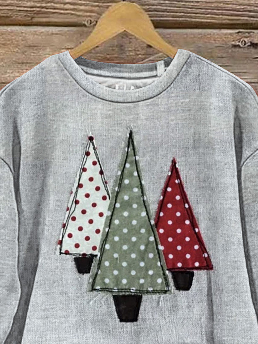 Retro Patchwork Christmas Tree Art Printed Casual Sweatshirt