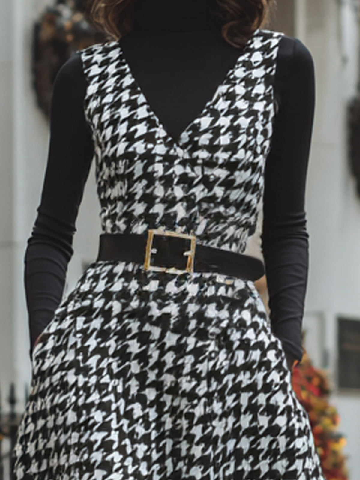 Taidalw Elegant Vintage Houndstooth Wool Blend Deep V-Neck Belted Pinafore Maxi Dress