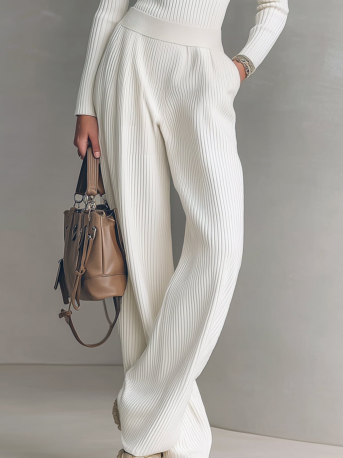 Taidalw Chic Elegant Zip-up Mock Neck Slim-Fit Sweater Elastic Waist Wide-Leg Pants Knit Two-Piece Set