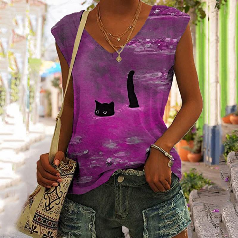 Dashingsoul Women's Oil Painting Cat Print V-neck Tank Top