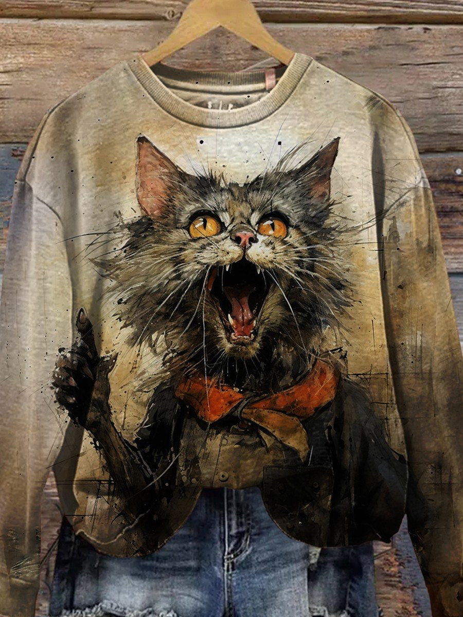 Cat Art Print Casual Sweatshirt
