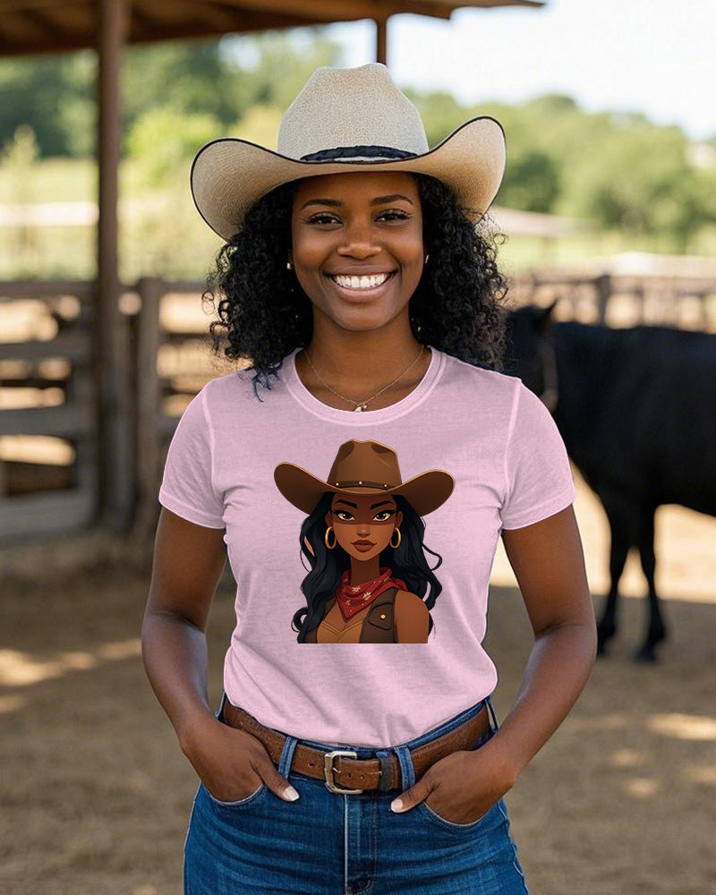 Cartoon Melanin Cowgirl Crew Neck Short Sleeve Cotton T-shirt