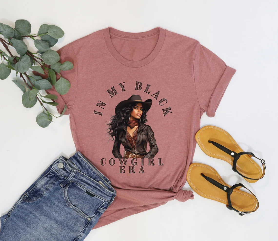 Melanin In My Black Cowgirl Era Crew Neck Short Sleeve Cotton T-shirt