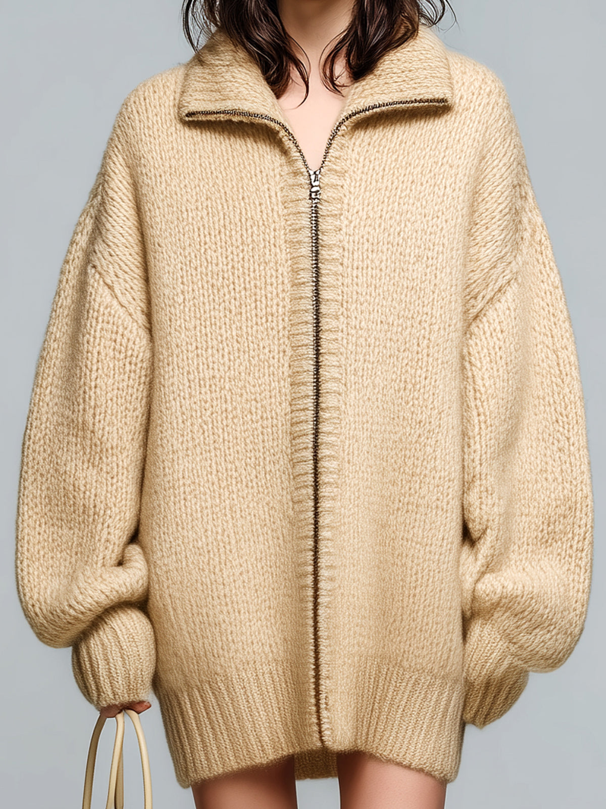 Taidalw Chic Casual Beige Lapel Zip-Up Lantern Sleeve Slouchy Knit Cardigan