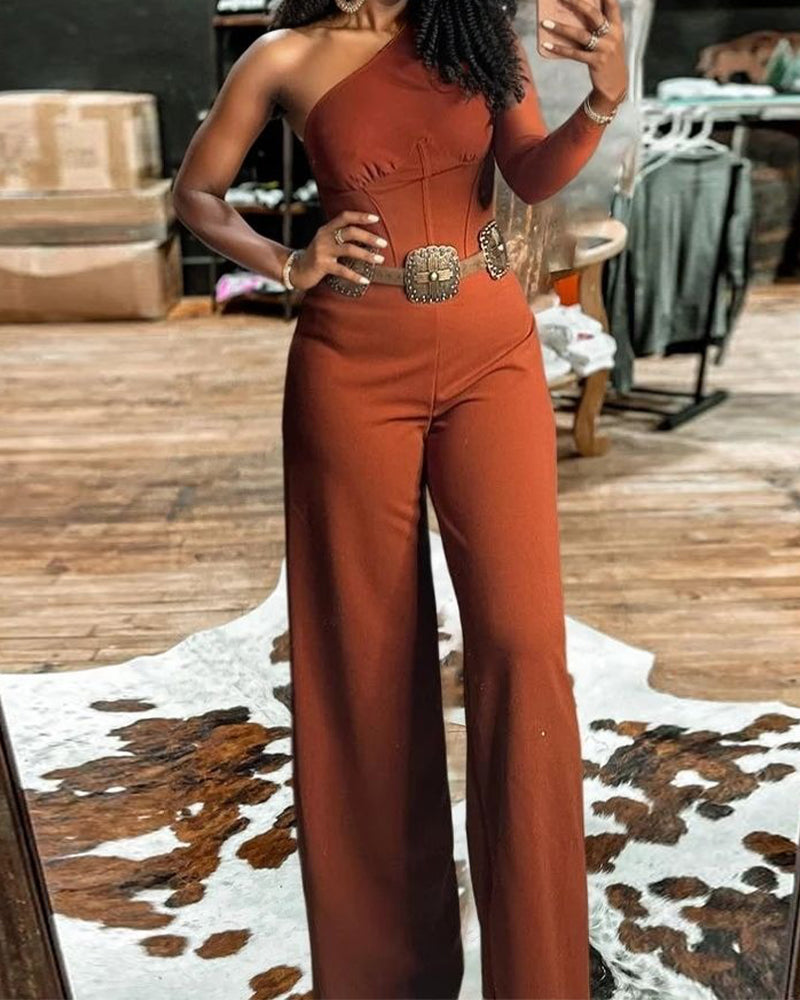 One-Sleeve Off-Shoulder Slim-Fit Jumpsuit