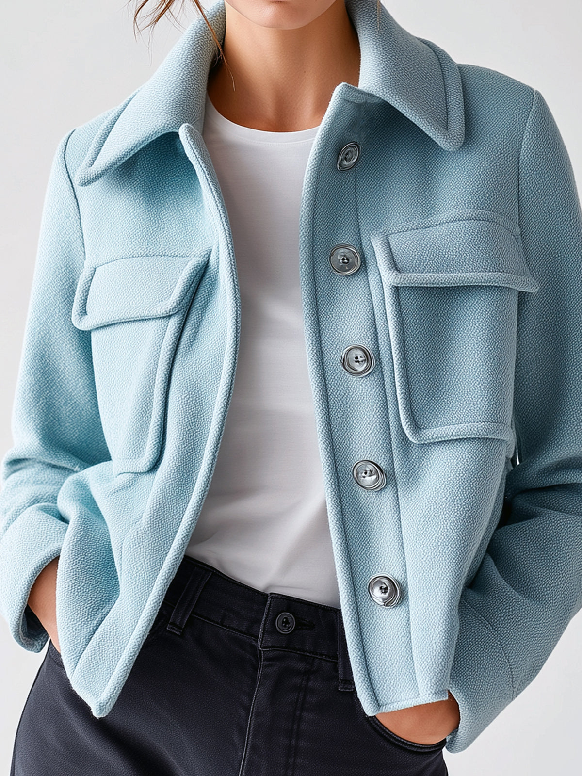 Taidalw Chic Vintage Blue Wool Blend Lapel Single-Breasted Chest Pocket Short Jacket