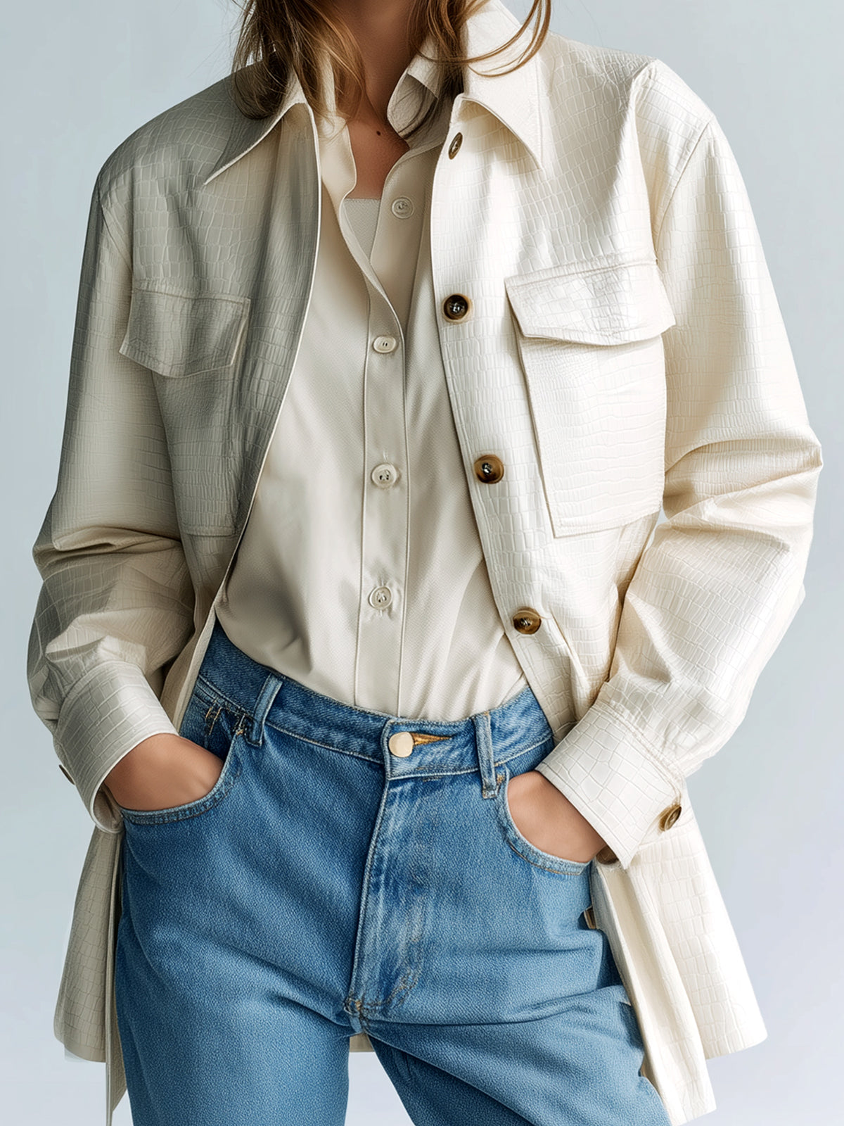 Taidalw Chic Vintage Cream White Faux Crocodile Leather Lapel Single-Breasted Multi-Pocket Utility Jacket