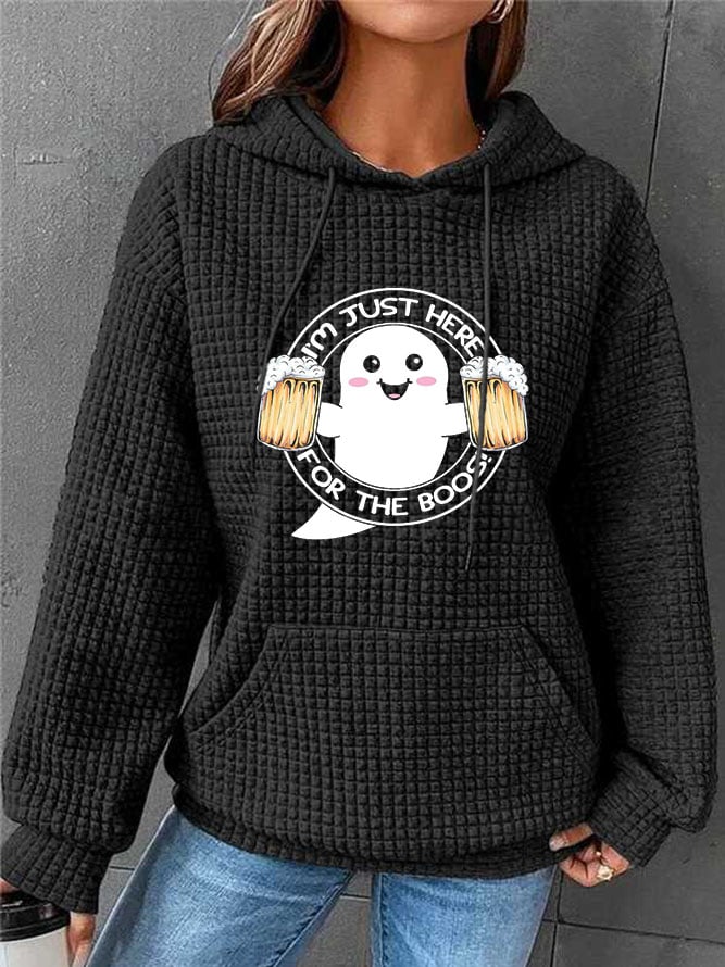 Women's Just Here for the Boos Ghost Halloween Print Waffle Hooded Sweatshirt