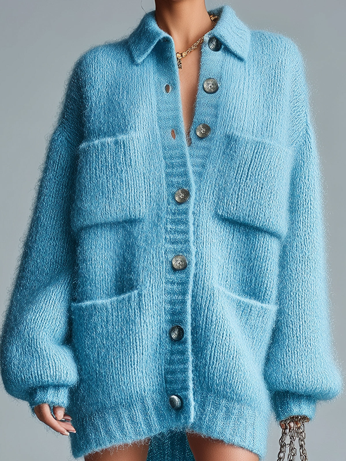 Taidalw Chic Casual Blue Lapel Single-Breasted Multi-Pocket Fuzzy Slouchy Knit Cardigan