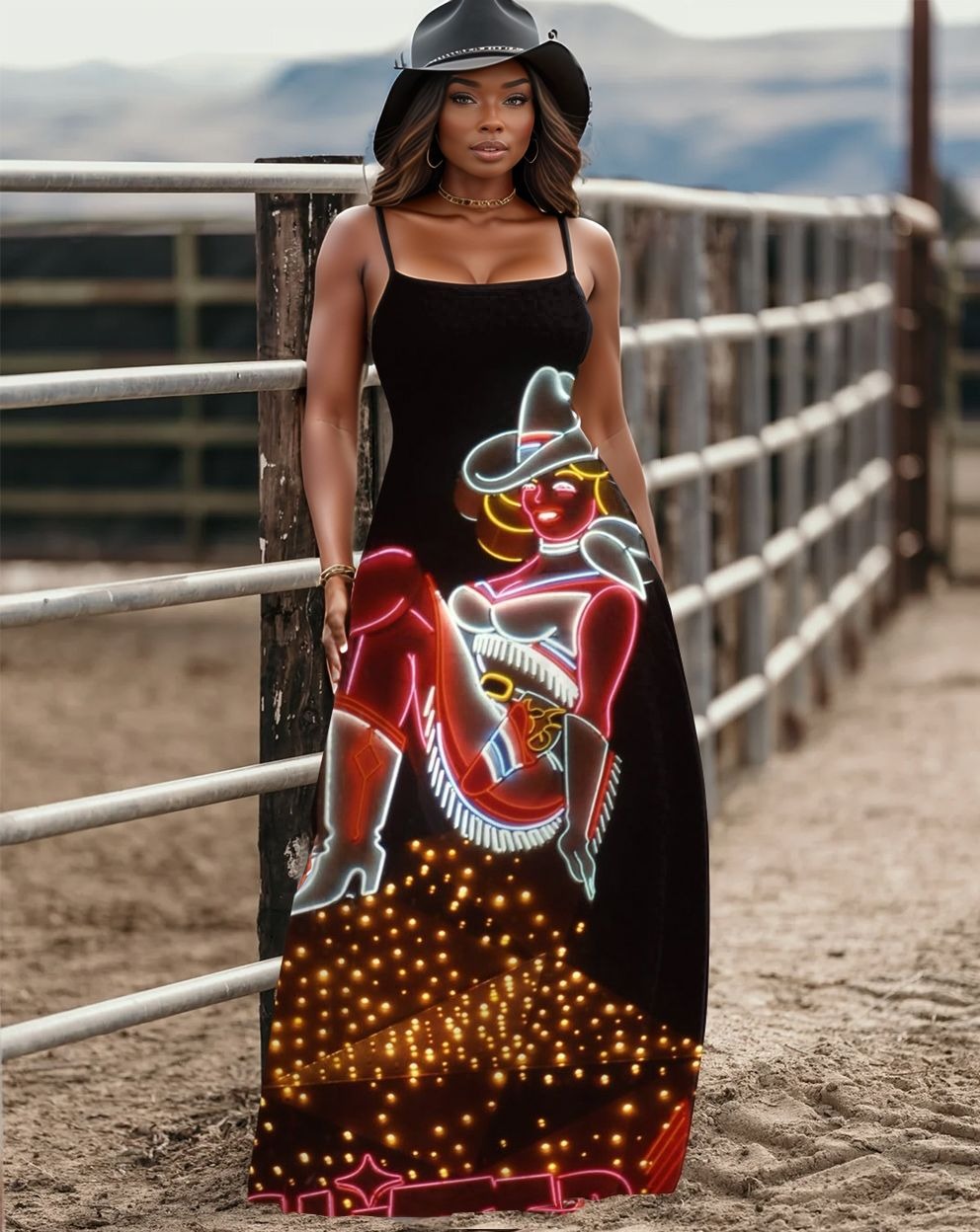 Sling Fluorescent Cowgirl Pocket Maxi Dress