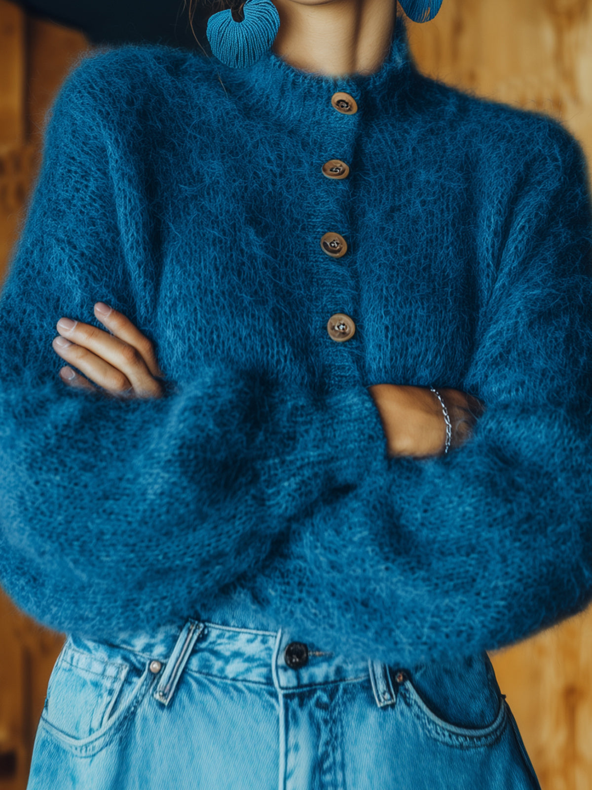 Taidalw Chic Vintage Royal Blue Stand Collar Single-breasted Lantern Sleeve Slim Fit Fuzzy Knit Cardigan